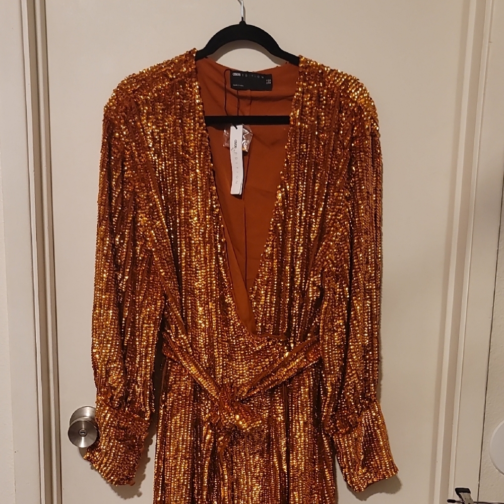 Zara Metallic Copper Sequin Long Sleeve Dress